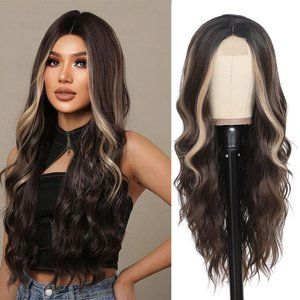 26 Inch  Wavy Ombre Brown Highlights Wig
